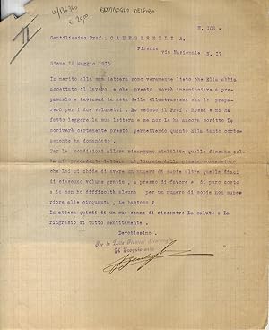 Lettera dattiloscritta, con firma autografa, stesa su una facciata. Datata: Siena 18 maggio 1916....