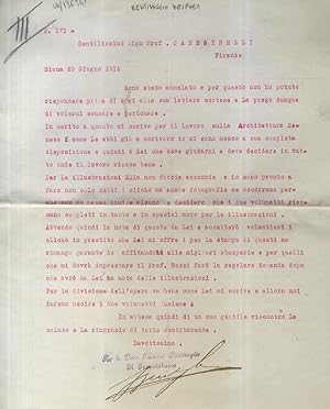 Lettera dattiloscritta, con firma autografa, stesa su una facciata. Datata: Siena 29 giugno 1916....