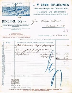 Image du vendeur pour L.W. Grimm, Braunschweigische Drahtweberei, Flechterei und Staketfabrik. Dekorative Firmenrechnung von 1916 mis en vente par historicArt Antiquariat & Kunsthandlung