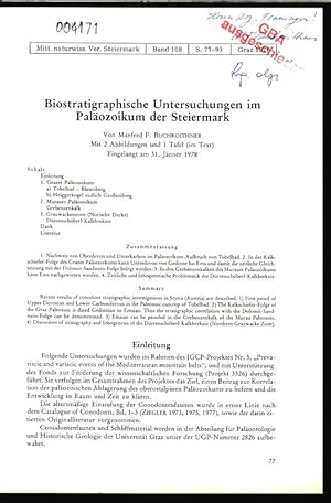 Seller image for Biostratigraphische Untersuchungen im Palozoikum der Steiermark. Mitt. naturwiss. Ver. Steiermark, Band 108, S. 77-93, Graz 1978. for sale by Antiquariat Bookfarm