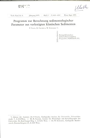 Imagen del vendedor de Programm zur Berechnung sedimentologischer Parameter aus verfestigten klastischen Sedimenten. Verh. Geol. B.-A., Jahrgang 1971, Heft 3, S. 648-654, Wien, Sept. 1971. a la venta por Antiquariat Bookfarm