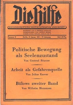 Imagen del vendedor de Die Hilfe. Wochenschrift fr Politik, Literatur und Kunst. 37. Jahrgang, Nummer 3. a la venta por Antiquariat Heinz Tessin