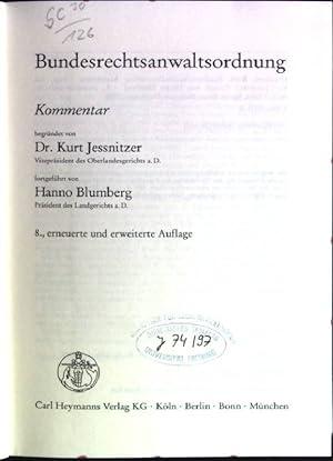 Bild des Verkufers fr Bundesrechtsanwaltsordnung: Kommentar. zum Verkauf von books4less (Versandantiquariat Petra Gros GmbH & Co. KG)