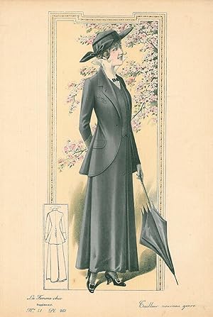 MODE. - Kleid. "Modéle de la M.on Redfern". Junge Frau in einem eleganten Kleid mit Sonnenschirm....