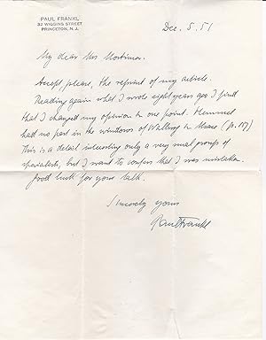 AUTOGRAPH LETTER SIGNED BY PAUL FRANKL CONCERNING HIS EARLIER STATEMENTS REGARDING PETER HEMMEL A...