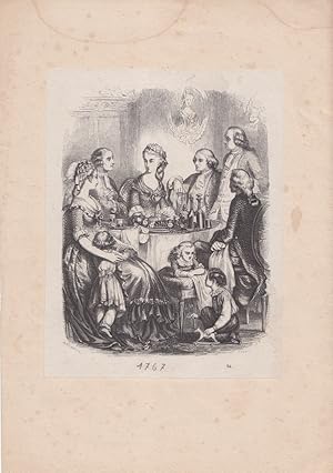 Immagine del venditore per Familie bei Tisch, Kinder, Mdchen, Junge, Rokkoko, schner Kupferstich um 1767, Blattgre: 27,5 x 18,5 cm, reine Bildgre: 17 x 13 cm. venduto da Carl Adler's Buch- und Graphikkabinett