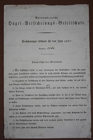 Versicherungs-Urkunde für das Jahr 1835, Württembergische Hagel-Versicherungs-Gesellschaft, Kupfe...