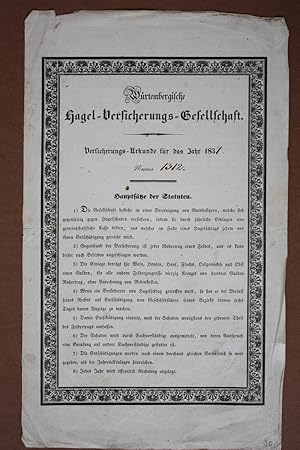 Versicherungs-Urkunde für das Jahr 1837, Württembergische Hagel-Versicherungs-Gesellschaft, beids...