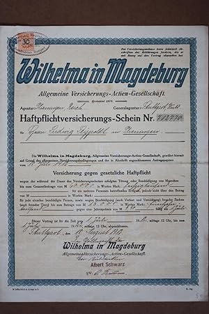 Versicherungsbrief Wilhelma in Magedeburg Allgemeine Versicherungs-Actien-Gesellschaft, Formularv...