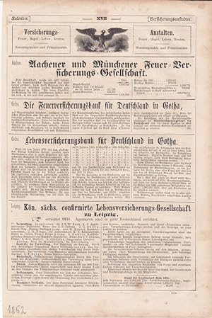 Werbung, Werbeblatt Versicherungsanstalten aus dem Jahr 1852, beidseitig bedruckt, Blattgröße: 27...