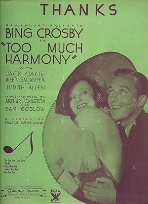Seller image for Thanks [Vintage Piano Sheet Music] From the Paramount Picture "Too Much Harmony" for sale by Little Stour Books PBFA Member