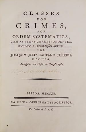 Imagen del vendedor de CLASSES DOS CRIMES, POR ORDEM SYSTEMATICA, a la venta por Livraria Castro e Silva