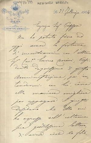 Lettera manoscritta autografa, firmata, stesa su tre facciate, su carta intestata: Monte dei Pasc...