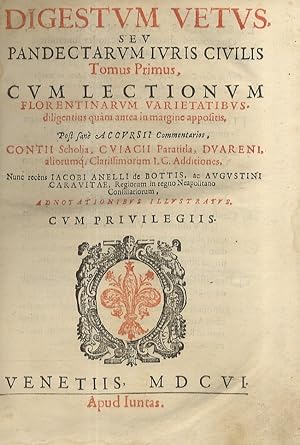 Seller image for CORPUS IURIS CIVILIS. D. Iustiniani imperatoris Opus prudentum responsa Caesarumque rescripta complectens, quinque voluminibus distinctum. Multis legibus additis, ac iuris consultorum Cuiacij, Dyonisij Gothofredi, & Iacobi Anelli De Bottis, Augustinique Carauit glossis, additionibus, atque nonnullis alijs illustratum, vti eorum omnium elenchus indicabit. 1) Digestum Vetus seu Pandectarum. 2) Infortiatum. 3) Digestum Novum. 4) Codicis dn. Iustinani. 5) Volumen Legum, tam posteriores tres libros Codicis, Authenticasque seu Novellas Constitutiones. Institutionum seu primorum iurisprudentiae elementorum, libri quatuor. for sale by Libreria Oreste Gozzini snc