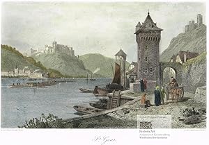 St. Goar. Blick über den Rhein auf St. Goar und die Ruine Rheinfels. Im Vordergrund Schiffe und F...