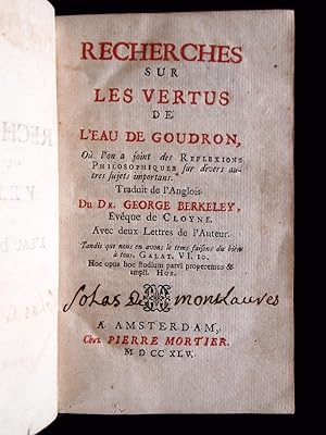 Image du vendeur pour Recherches sur les vertus de l'eau de goudron mis en vente par Librairie Le Feu Follet