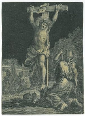 JESUS. - Kreuzigung. Jesus am Kreuz, rechts zu seinen Füßen kniend Maria Magdalena, links zwei So...