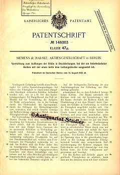 Patentschrift Nr. 148003. Klasse 47 g: Vorrichtung zum Auffangen der Stöße in Druckleitungen, bei...