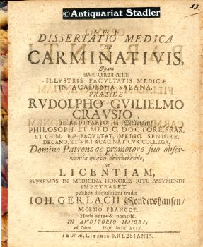Bild des Verkufers fr Dissertatio medica de carminativis . In latein. Sprache. zum Verkauf von Antiquariat im Kloster