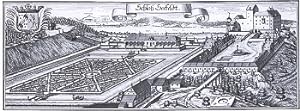Seefeld. "Schloß Seefeldt". Originalkupferstich. Im Hintergrund: Fernblick über den Pilsensee zum...