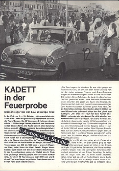 Kadett in der Feuerprobe. Klassensieger bei der Tour d Europe 1963. Sonderbericht über die Tour, ...