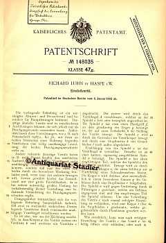 Patentschrift Nr. 148035. Klasse 47 g: Einstellventil. Kaiserliches Patentamt.