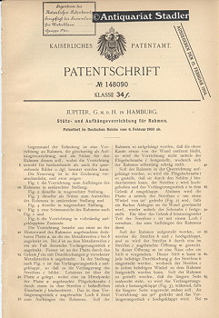 Patentschrift Nr. 148090. Klasse 34 f: Stütz- und Aufhängevorrichtung für Rahmen. Kaiserliches Pa...