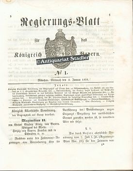 Bild des Verkufers fr Regierungs=blatt fr das Knigreich Bayern 1854. No. 1 bis 62. vom 4. Januar bis 27. December. zum Verkauf von Antiquariat im Kloster