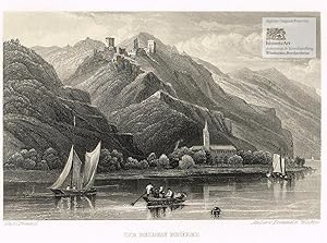 Imagen del vendedor de Die beiden Brder. Ansicht der sogenannten feindlichen Brder, Burg Liebenstein und Burg Sterrenberg vom Rheintal aus. Original-Stahlstich von Frommel um 1840 a la venta por historicArt Antiquariat & Kunsthandlung