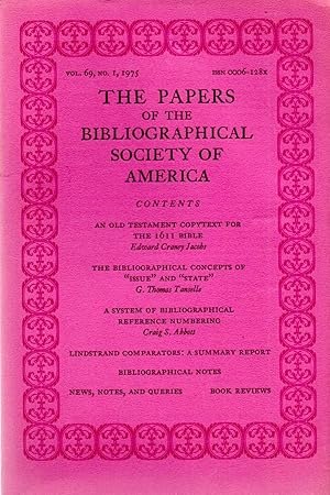 Seller image for Papers of the Bibliographical Society of America: 1975 Volume 69, No. 1 for sale by Book Booth