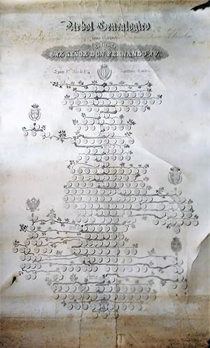 LITOGRAFIA, ARBOL GENEALOGICO, REYES DE ESPAÑA C. C. MARQ Y COND. S. DE BCN 1833