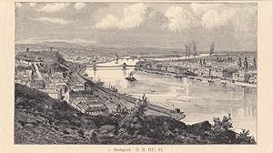 Budapest, Holzstich um 1870 mit Blick auf den Fluss und die beiden Städte, Blattgröße: 10,7 x 18,...
