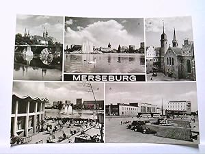 AK Merseburg, Mehrbildkarte, 5 Abb. mit Eis-Milchbar, Neumarktbrücke, Schloß und Dom, Gargarinpla...