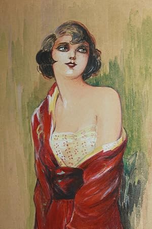 Aquarelle et gouache orignale Dessin original jolie femme habillée d'une longue robe rouge cueill...