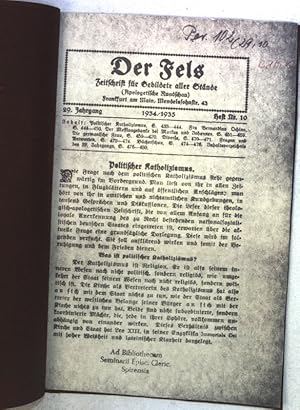 Bild des Verkufers fr Politischer Katholizismus; Sonderdruck aus: Der Fels, Zeitschrift fr Gebildete aller Stnde, 29. Jg. Heft 10; zum Verkauf von books4less (Versandantiquariat Petra Gros GmbH & Co. KG)