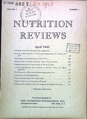 Seller image for The Amino Acid Requirements of the Chick. - In : Vol. 3, Number 4, April /1945, Nutrition Reviews. for sale by books4less (Versandantiquariat Petra Gros GmbH & Co. KG)