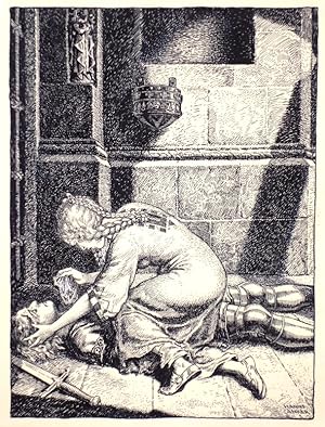Der Verwundete. Original-Federzeichnung (25 x 19 cm) als Illustrations-Vorlage zu einem Mädchenbuch.
