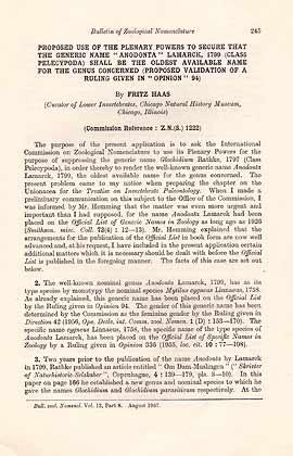 Bild des Verkufers fr Proposed use of the plenary powers to secure that the generic name "Anodonta" Lamarck, 1799 (Class Pelecypoda) shall be the oldest available name for the genus concerned (proposed validation of a ruling given in "Opinion" 94) zum Verkauf von ConchBooks