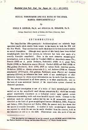 Bild des Verkufers fr Sexual dimorphism and sex ratio in the snail Marisa cornuarietis (L.) zum Verkauf von ConchBooks