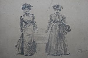 Dessin original Deux femmes en robe et chapeaux