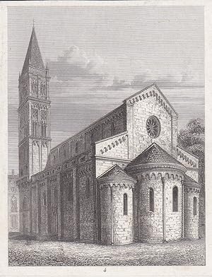 Domkirche zu Trau, kleinformatiger Stahlstich um 1860 mit Blick auf die Apsiden im Osten, Blattgr...
