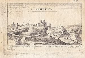 Vesperino, schöner kleinformatiger Kupferstich um 1685 mit Blick auf die Stadt aus der Vogelpersp...