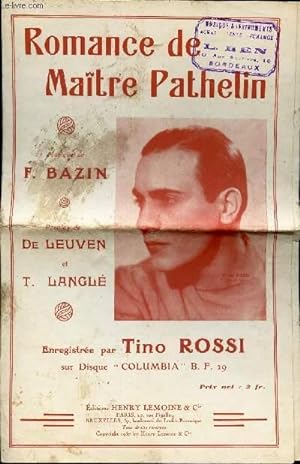 Bild des Verkufers fr 1 PARTITION : ROMANCE DE MAITRE PATHELIN - OPERA COMIQUE DE F. BAZIN / zum Verkauf von Le-Livre