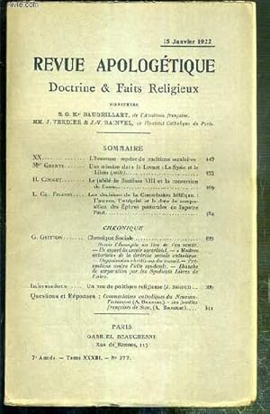 Bild des Verkufers fr REVUE D'APOLOGETIQUE - DOCTRINE & FAIT RELIGIEUX - N 377 - 15 JANVIER 1922 - l'heureuse reprise de traditions seculaires par XX - une mission dans le Levant: la Syrie et le Liban (suite) par Mgr Grente, le jubil de Boniface VIII et la conversion. zum Verkauf von Le-Livre