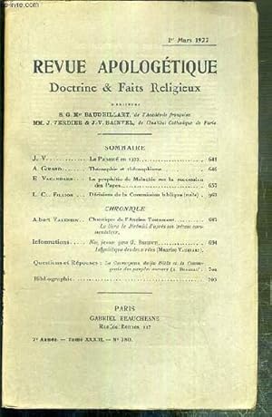 Bild des Verkufers fr REVUE D'APOLOGETIQUE - DOCTRINE & FAIT RELIGIEUX - N 380 - 1er MARS 1922 - la Papaut en 1922 par J. V. - theosophie et theosophisme par A. Girard - la prophetie de Malachie sur la succession des Papes par E. Vacancard. zum Verkauf von Le-Livre