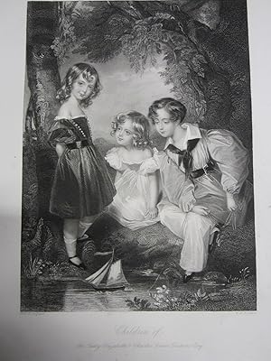 Bild des Verkufers fr Dickins, Charles Serace & Lady Elizabeth - Their 3 Children Playing with a Toy Boat - Charming - An Original Antique Engraved Portrait zum Verkauf von K Books Ltd ABA ILAB