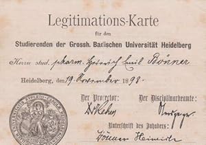 Legitimations-Karte für den Studierenden der Grossh. Badischen Universität Heidelberg Herrn stud....