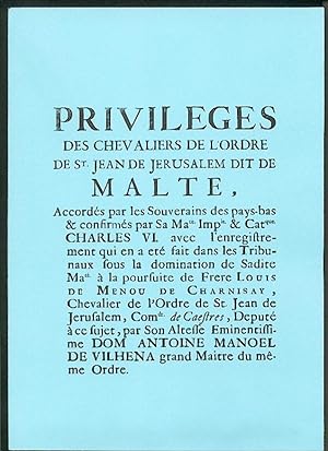 Imagen del vendedor de Privilges des chevaliers de l'Ordre de St. Jean de Jerusalem dit de Malte. a la venta por Librairie Pique-Puces