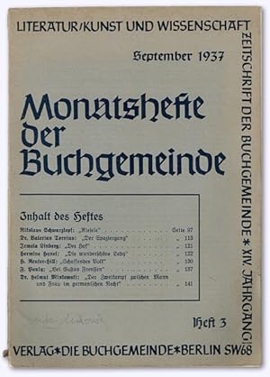 Monatshefte der Buchgemeinde. XIV. Jhg., Heft 3 (September 1937). Literatur/Kunst und Wissenschaf...