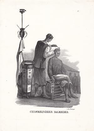 Chinesischer Barbier, China, Rasur, Lithographie um 1840 von Honegger, Blattgröße: 30,3 x 21,5 cm...